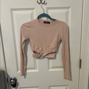 Bershka Tan and Pink Tie Front Long Sleeve Crop Top